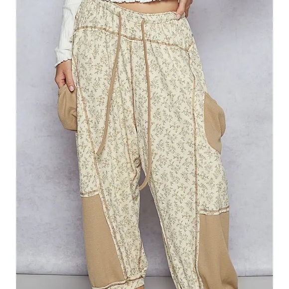 POL Pants - POL Oversized Floral Pattern Printed Cream and Tan Lounge Pants